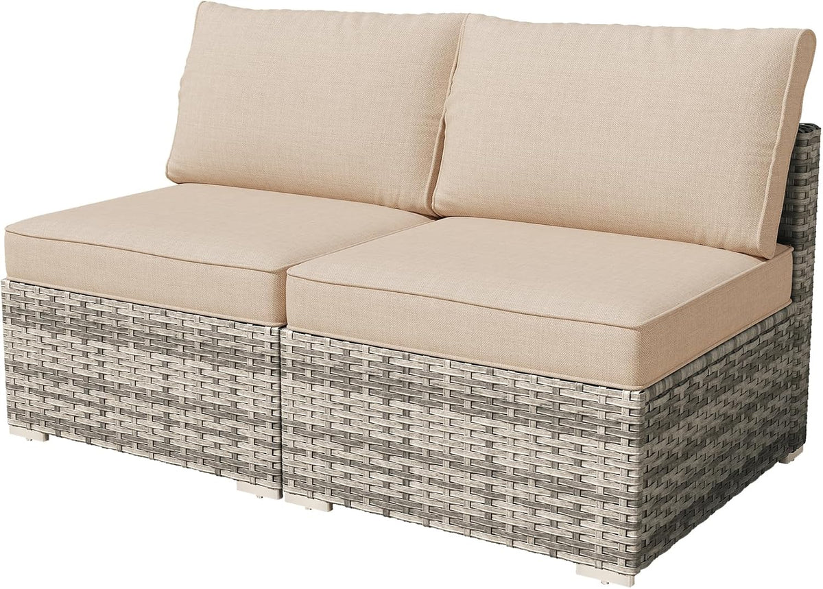 Weaxty 2 Pieces Patio Furniture Sets Middle Seats, Wicker Outdoor Sectional Sofa with Thicken Cushion, Patio Conversation Couch Set for Porch, Balcony,Yard, Poolside, Beige
