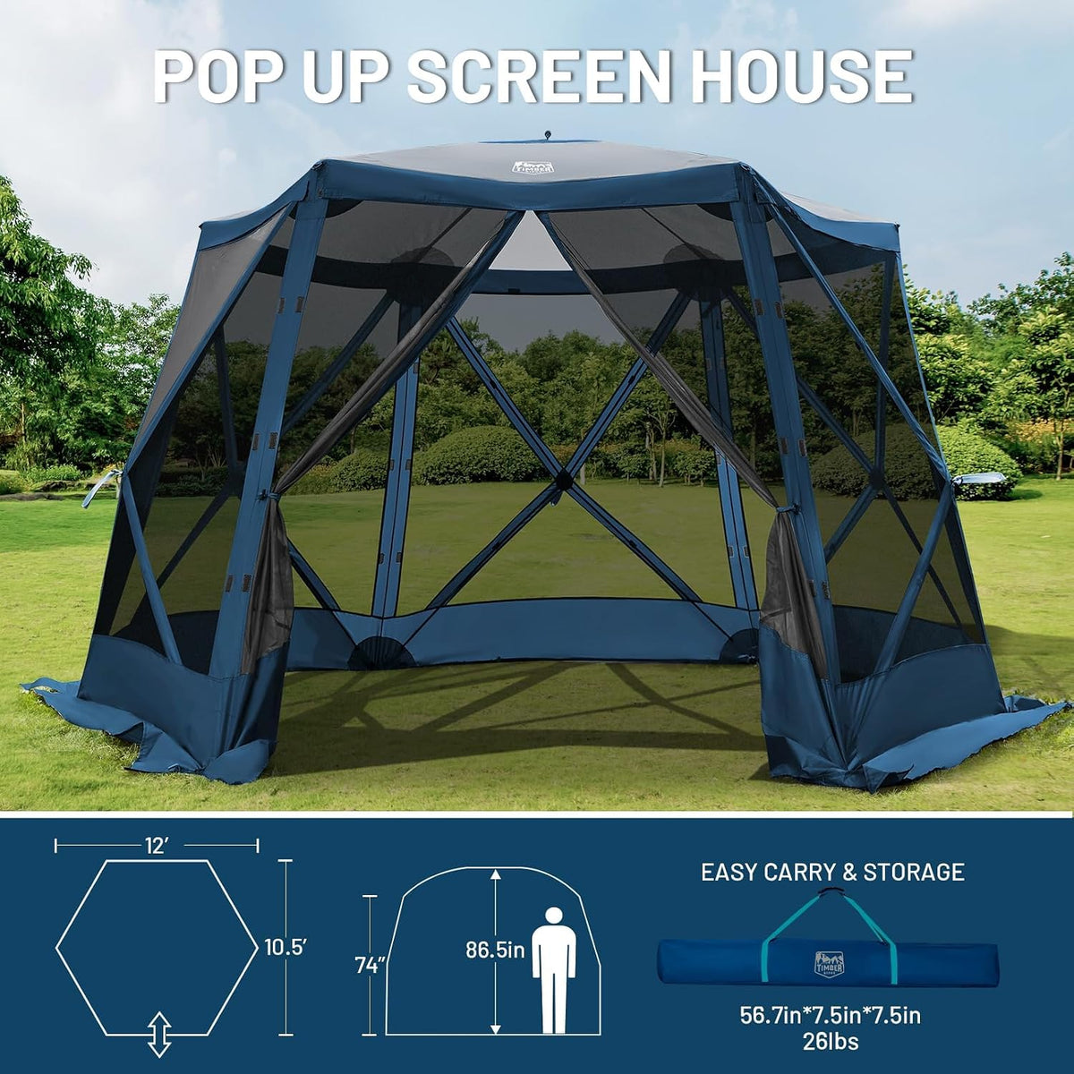 Timber Ridge Pop Up Gazebo, Portable Instant Screen House with Netting, Easy 60-Second Set-Up, Measures 12.1' x 10.5' x7.2', Fits 8 People, Ideal for Camping, Backyard, Patio, Tailgating, Picnics