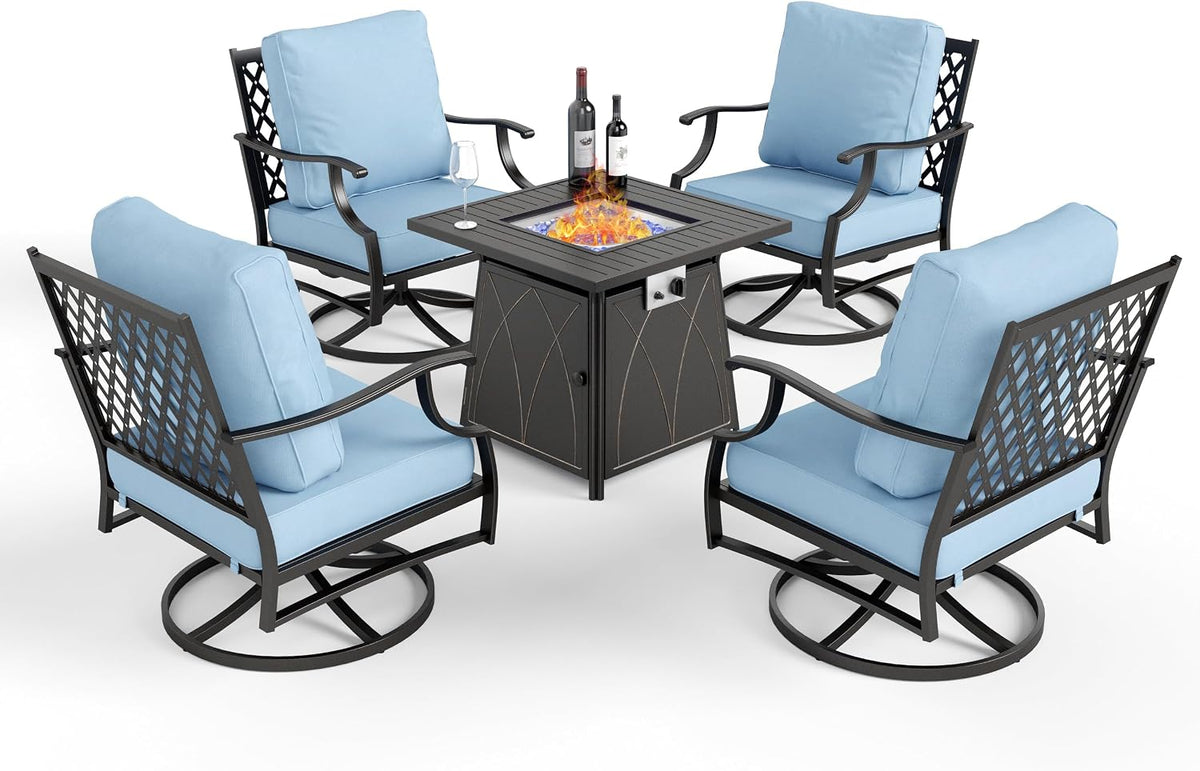 MIXPATIO Patio Furniture Set with Fire Pit Table, 5 Pcs Metal Outdoor Conversation Set, 4 Swivel Chairs with 5.75' Extra Thick Cushion and 28' Fire Pit Table for Backyard Deck, Blue