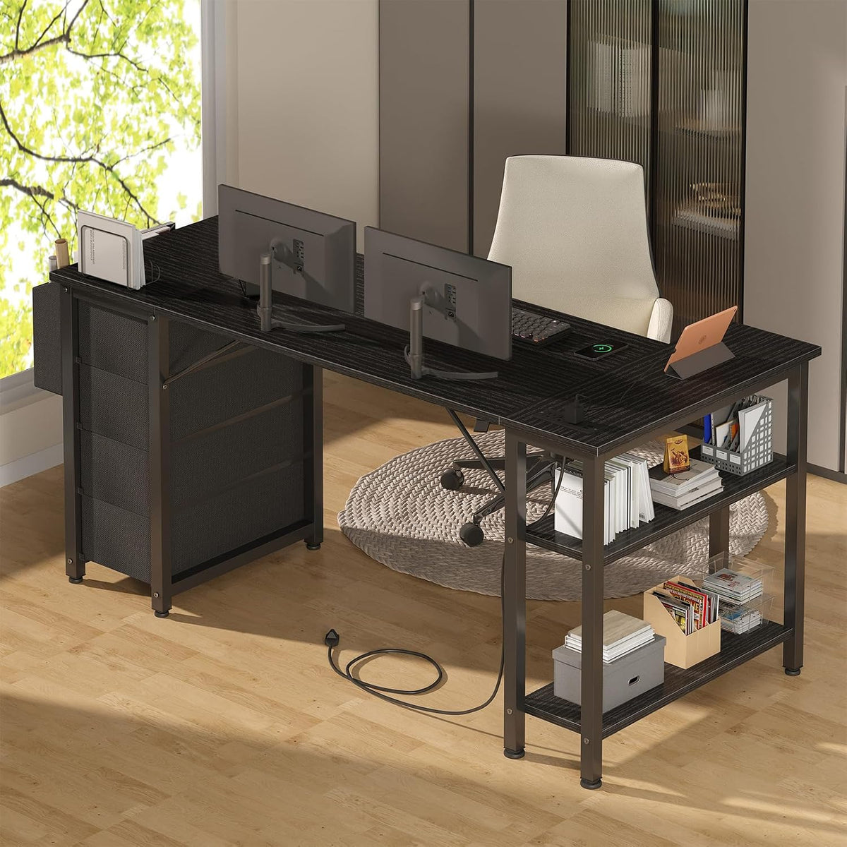 Lufeiya L Shaped Gaming Desk with Drawers & Storage Shelves, 63 Inch Corner Computer Desk with Power Outlet for Home Office Bedroom, L-Shaped Teen PC Desks with Fabric Drawer, Black