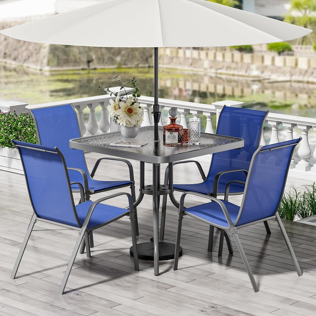 TLSUNNY Patio Dining Set 5 Pieces, All Weather Outdoor Furniture W/30'X 30' Table and 4 Stackable Textilene Chairs, Metal Table and Chairs for Lawn, Garden, Poolside, Backyard (Umbrella not Included)