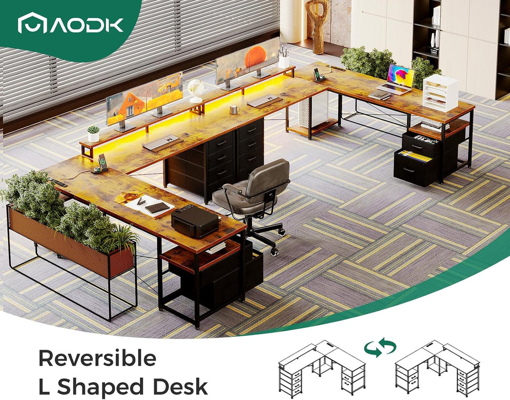 AODK 66' L Shaped Computer Desk, 113' Reversible Home Office Desk with File Cabinet & 4 Fabric Drawers, Two Person Desk with LED Lights & Power Outlet, Corner Gaming Desk with Monitor Shelf, Vintage
