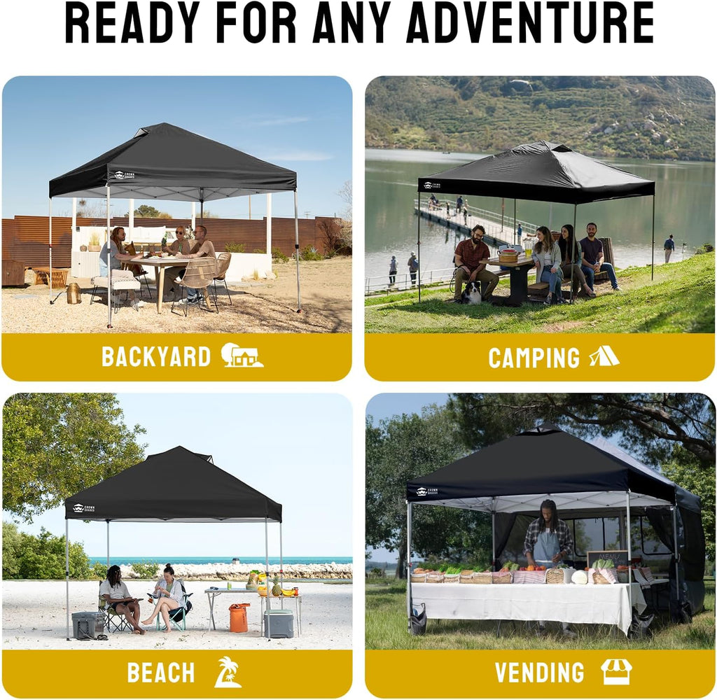 CROWN SHADES 10x10 Pop Up Canopy - Beach Tent with One Push Setup - Easy Outdoor Sun Shade for Events, Parties, Camping - Gazebo with STO-N-Go Cover Bag, Silver Coated Top, Black