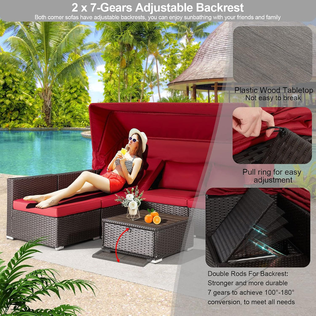 6 Pieces Patio Conversation Sets, Rectangle Wicker Daybed with Canopy, Adjustable Backrest, Storable Tea Table, Outdoor Sunbed for Backyard Garden Poolside(Wine Red)