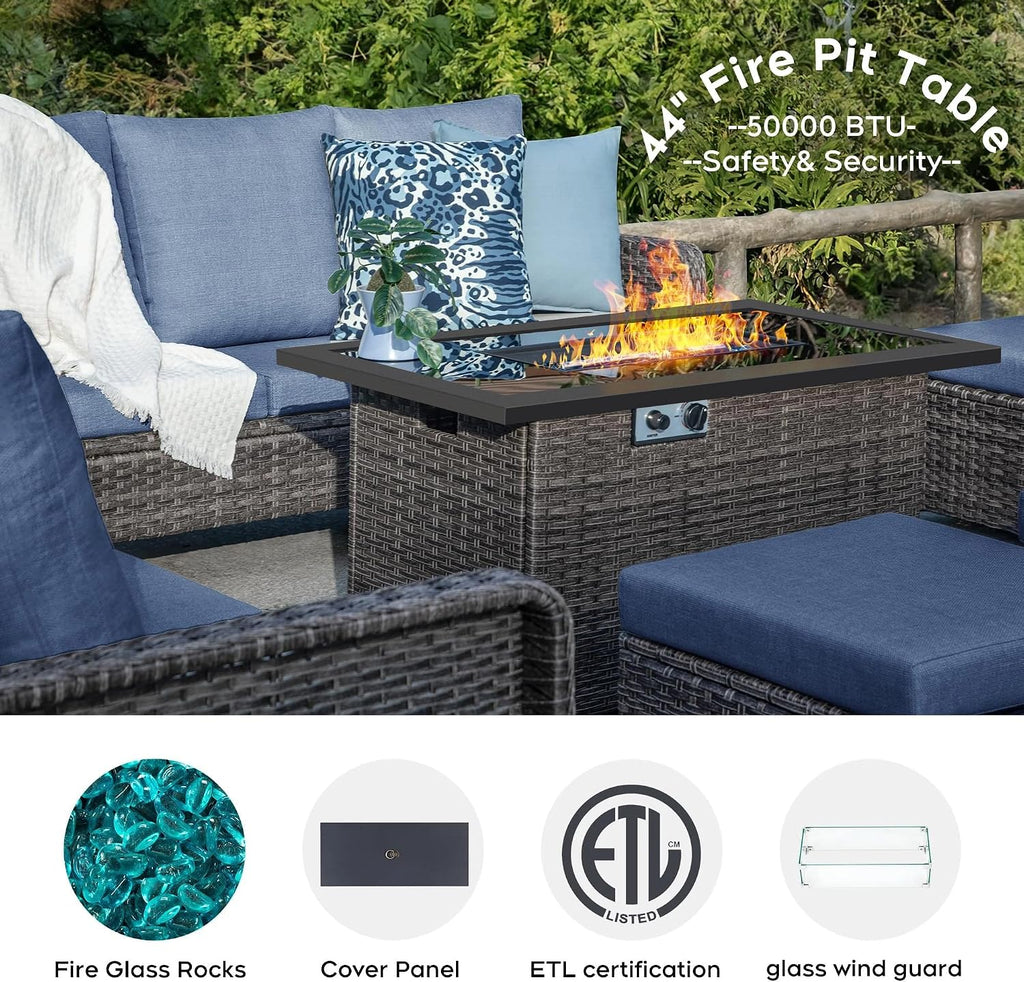 7 Seats Outdoor Patio Furniture Set with 44' Gas Fire Pit Table, Wicker Swivel Rocking Chairs Conversation Sets with Cushion, High Back Sectional Sofa with Gilder Chair for Yard Garden Porch, Blue