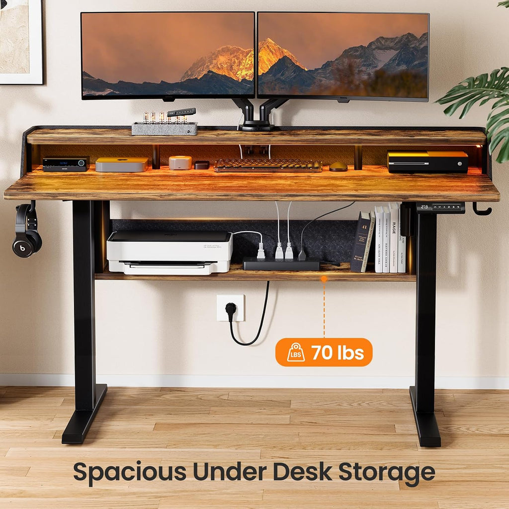 ErGear Electric Standing Desk, 48x24 Inch Adjustable Sit Stand Desk with Bookshelf & Monitor Stand, Standing Gaming Desk with LED Light Strip, Stand Up Desk for Home Office, Vintage Brown
