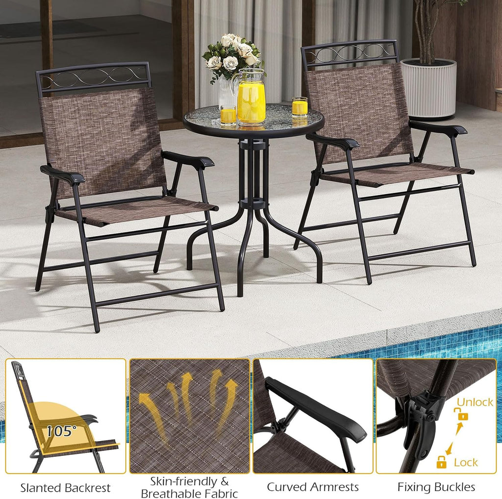 HAPPYGRILL 3 Pieces Patio Dining Set with Round Glass Table, Folding Chairs, Outdoor Chairs Table Set with Umbrella Hole for Garden Poolside Backyard