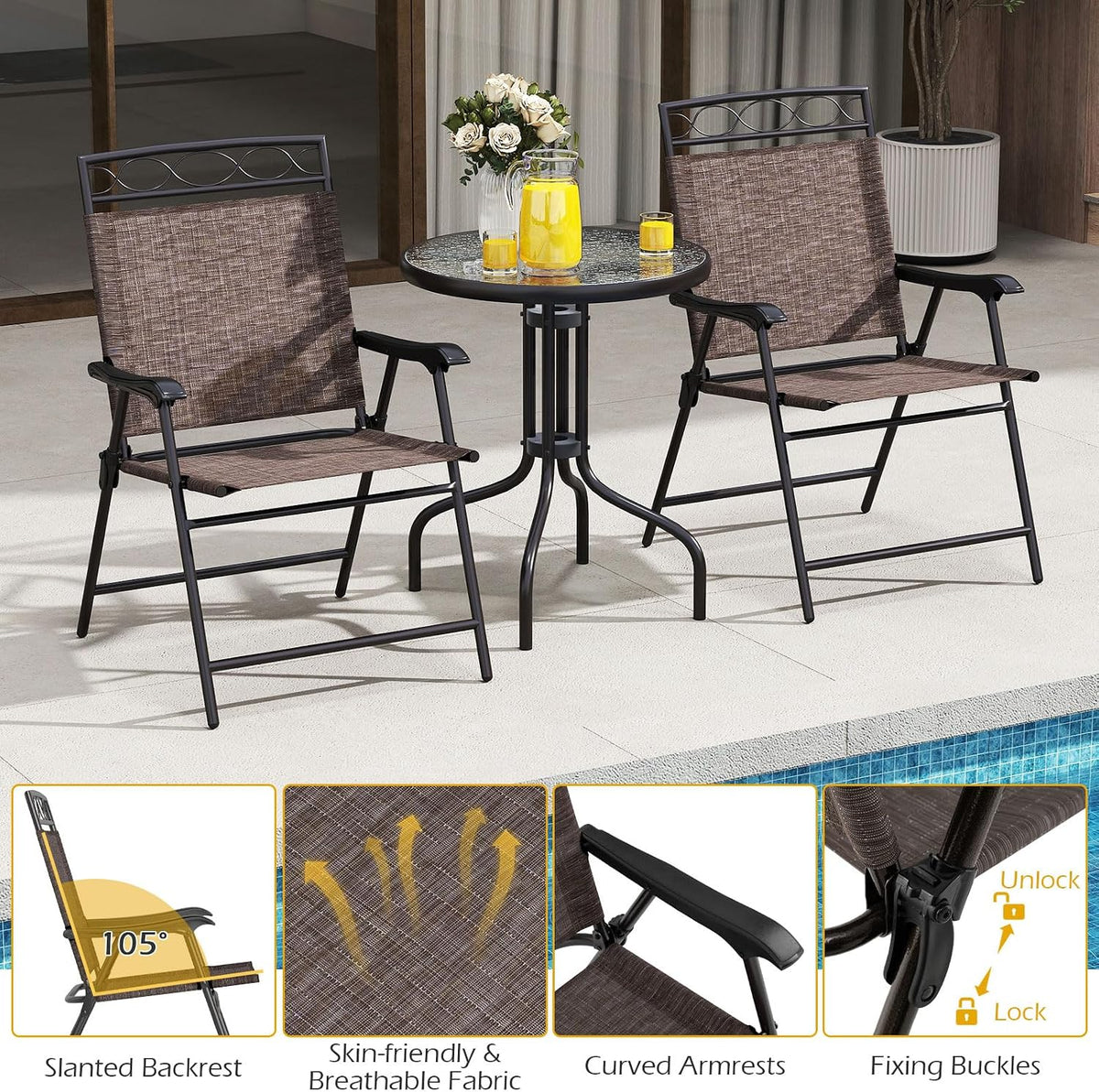 HAPPYGRILL 3 Pieces Patio Dining Set with Round Glass Table, Folding Chairs, Outdoor Chairs Table Set with Umbrella Hole for Garden Poolside Backyard