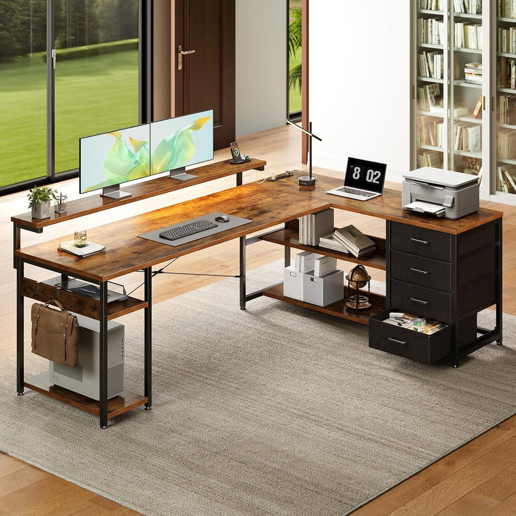 AODK 69' L Shaped Desk with Drawer, Computer Desk with Power Outlets & LED Lights, Reversible Corner Gaming Desks for Home Office Workstation, Office Table with Monitor Shelf, Vintage