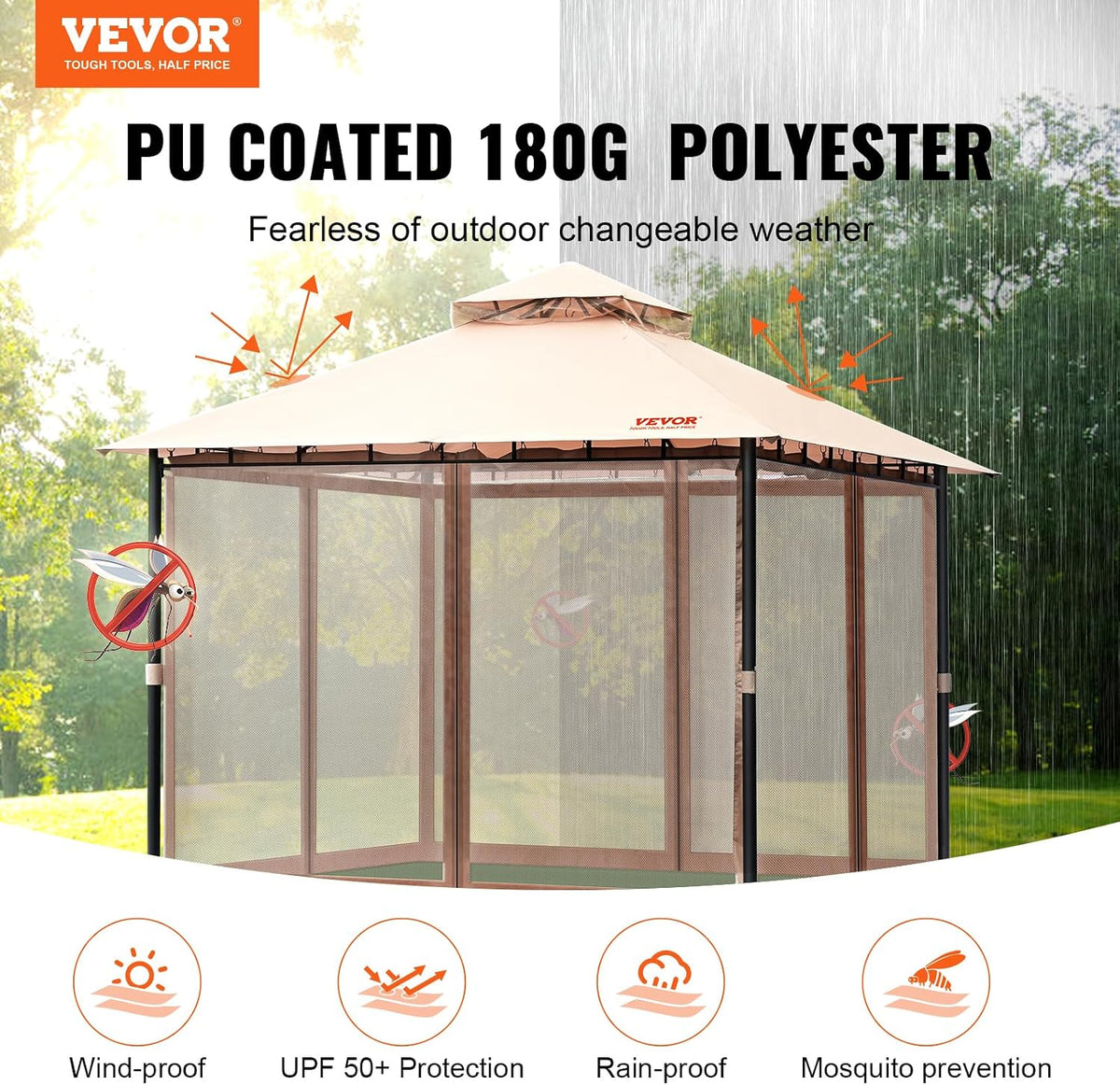 VEVOR Patio Gazebo for 6-8 Person, 10 x 10 FT Backyard Gazebo, with Mosquito Netting, Metal Frame, and PU Coated 180G Polyester, Outdoor Canopy Shelter for Patio, Backyard, Lawn, Garden, Deck