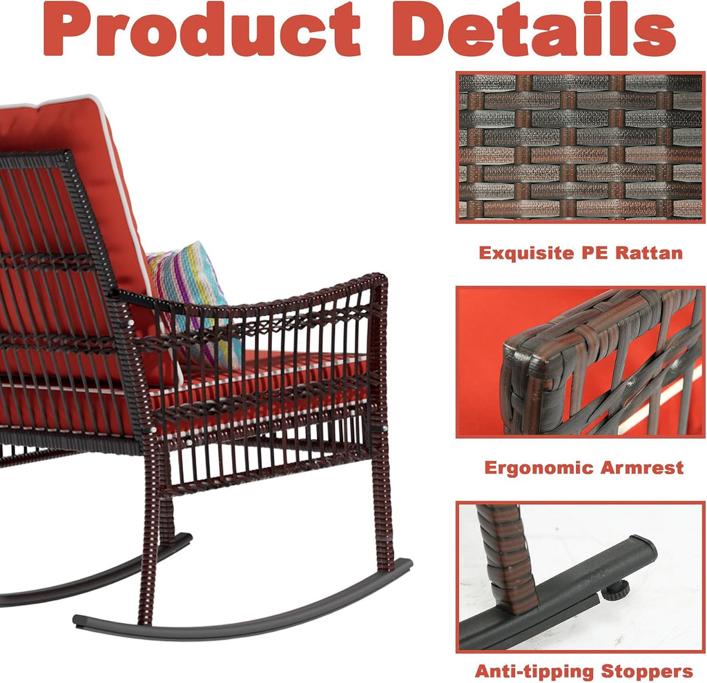 DECMICO Outdoor Rocking Chairs 3 Pieces Patio Conversation Front Porch Furniture, Wicker Rocking Chairs Bistro Set with Coffee Table and Cushions for Garden and Balcony, Orange