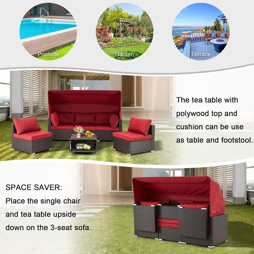 6 Pieces Patio Conversation Sets, Rectangle Wicker Daybed with Canopy, Adjustable Backrest, Storable Tea Table, Outdoor Sunbed for Backyard Garden Poolside(Wine Red)