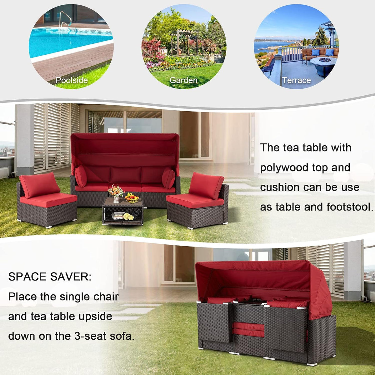 6 Pieces Patio Conversation Sets, Rectangle Wicker Daybed with Canopy, Adjustable Backrest, Storable Tea Table, Outdoor Sunbed for Backyard Garden Poolside(Wine Red)