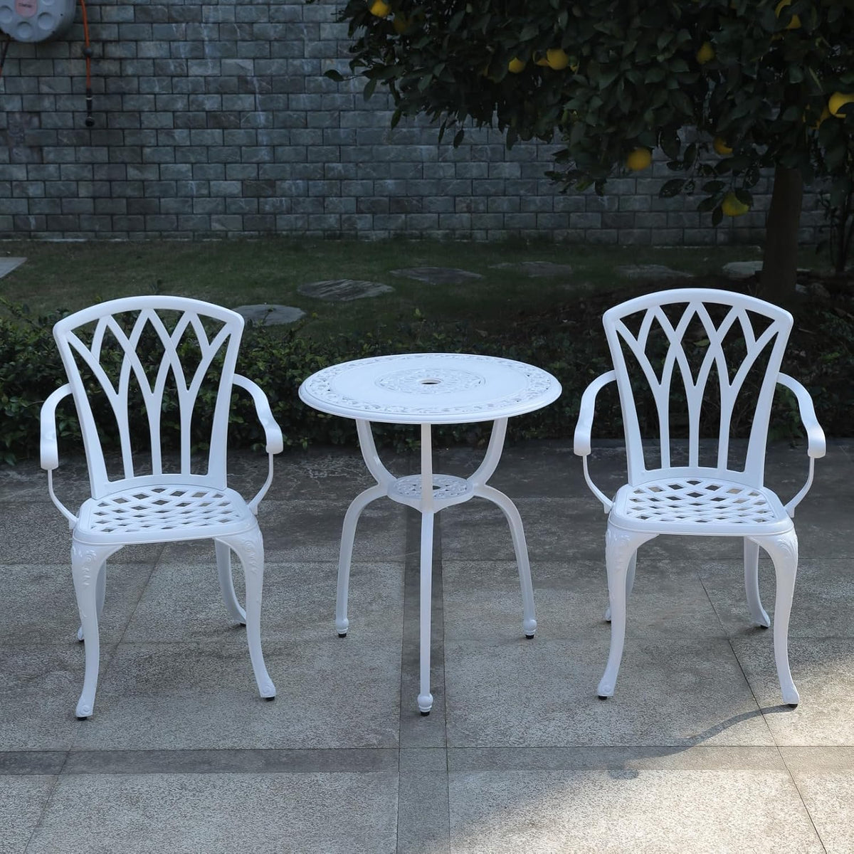 KAILI 3 Piece Bistro Table Set Cast Aluminum Outdoor Patio Furniture with Chair with armrests(White)
