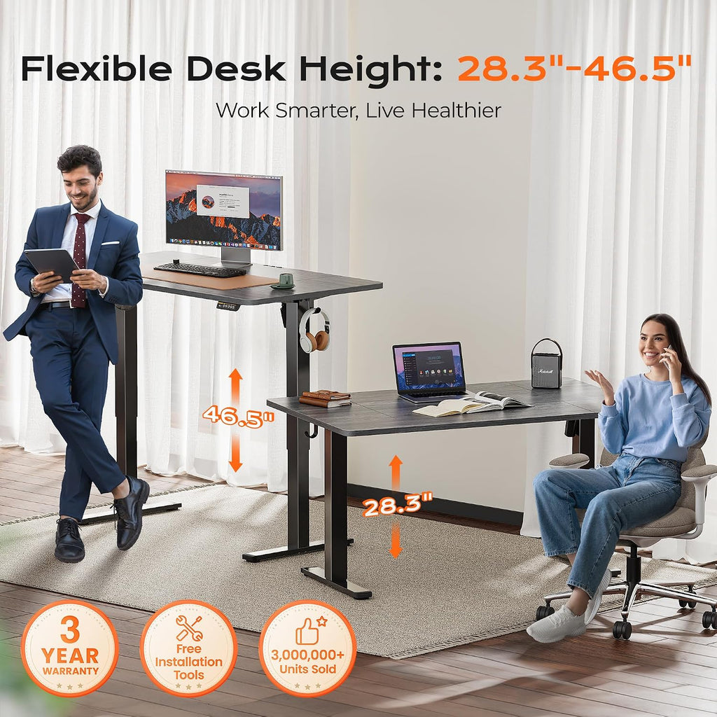 Huuger 55 x 28 Large Electric Standing Desk, Height Adjustable Desk, 27.6' Deep Desktop, Stand up Gaming Computer Office Desk with 2 Hooks, 3 Preset Heights, for Home Office, Grey