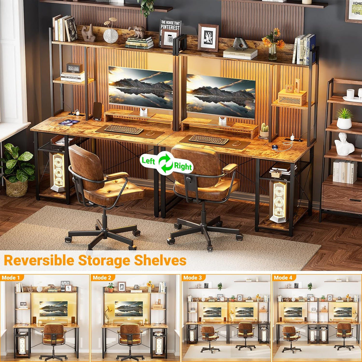 Cyclysio Gaming Desk with Hutch, 39'' Computer Desk with LED Lights & Power Outlets, Home Office Desk with Reversible 5 Tiers Storage Shelves & Monitor Stand, Small Gaming Table for Small Space,Rustic
