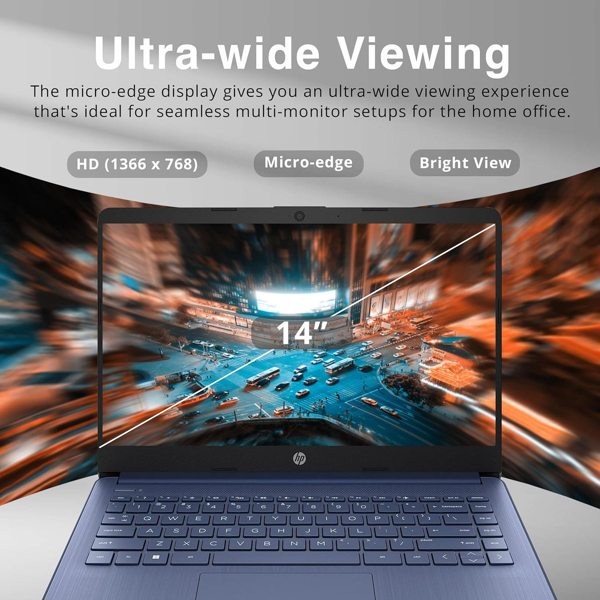 HP 14' HD Laptop, Windows 11, Intel Celeron Dual-Core Processor Up to 2.60GHz, 4GB RAM, 64GB SSD, Webcam, Dale Blue (Renewed)