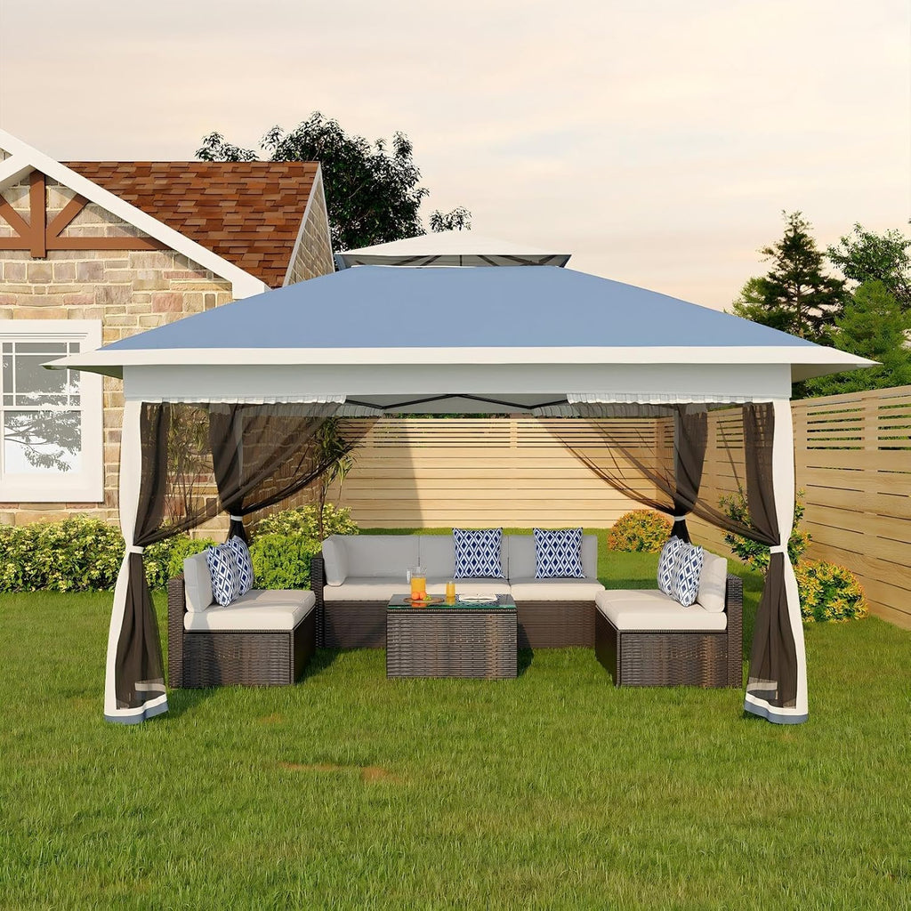 Canopy Tent 12x12 ft, Pop Up Gazebo One-Push Setup with 4 SandBags for Backyard Parties and BBQs, Mosquito Netting & Height Adjustable - Navy Blue