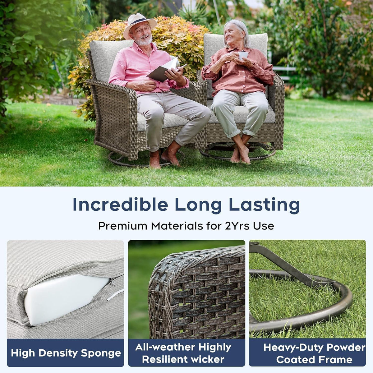 Brafab Outdoor Swivel Chair Set - PE Wicker Patio Conversation Sets Cushioned Seat Couch - 2 Seats Outdoor Sofa Set for Yard, Garden Porch, 2Pcs, Beige