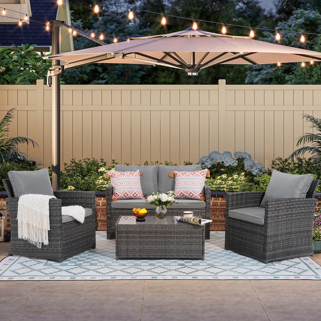 JOIVI Patio Furniture Set, 4 Piece Outdoor Patio Conversation Set, All-Weather PE Rattan Wicker Sectional Patio Sofa Set with Tempered Glass Coffee Table, Light Gray
