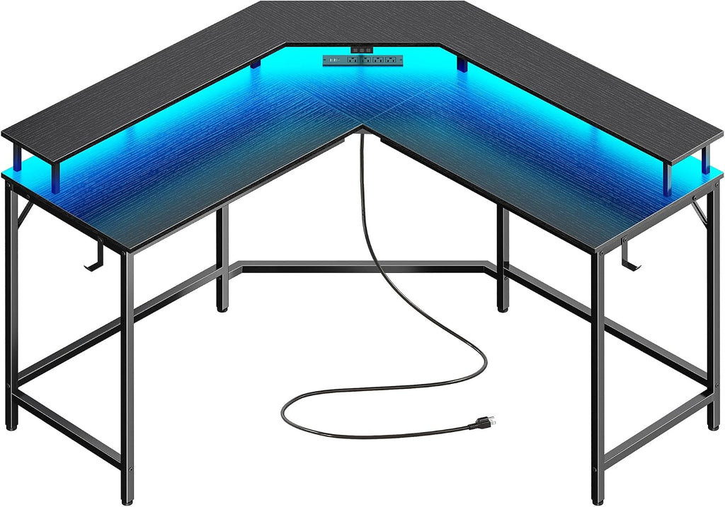 Huuger L Shaped Gaming Desk with Power Outlets & LED Lights, Computer Desk with Monitor Shelves, Home Office Desk, Corner Gaming Desk with Hooks, Black