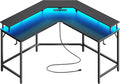 Huuger L Shaped Gaming Desk with Power Outlets & LED Lights, Computer Desk with Monitor Shelves, Home Office Desk, Corner Gaming Desk with Hooks, Black