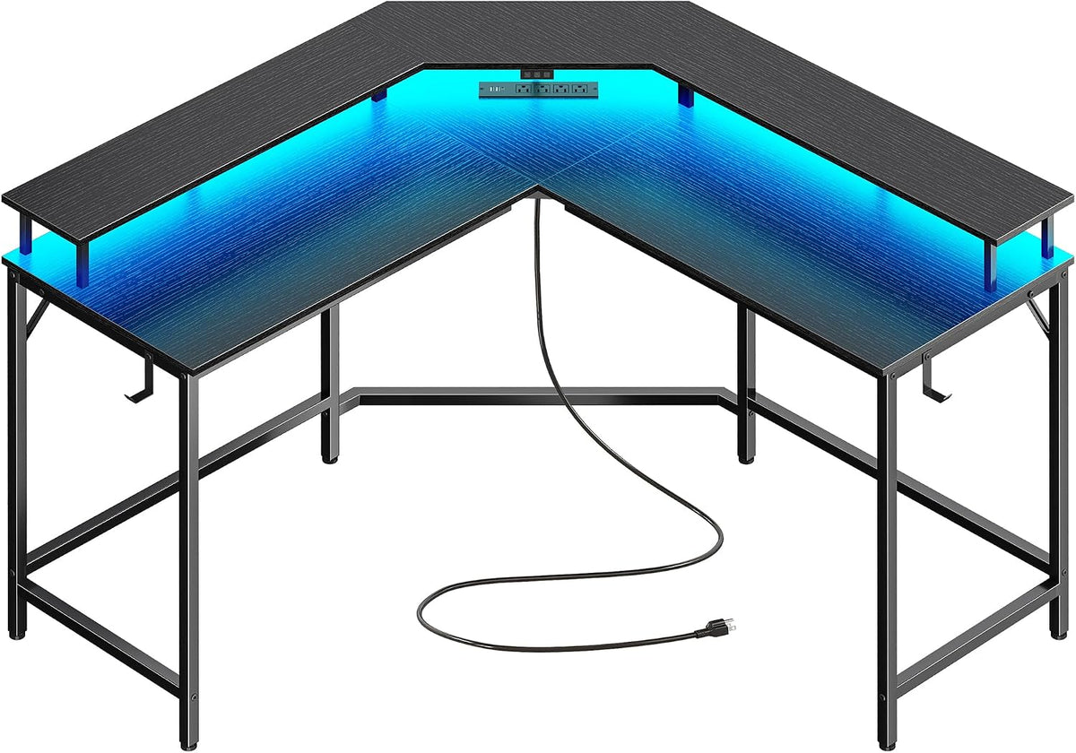 Huuger L Shaped Gaming Desk with Power Outlets & LED Lights, Computer Desk with Monitor Shelves, Home Office Desk, Corner Gaming Desk with Hooks, Black
