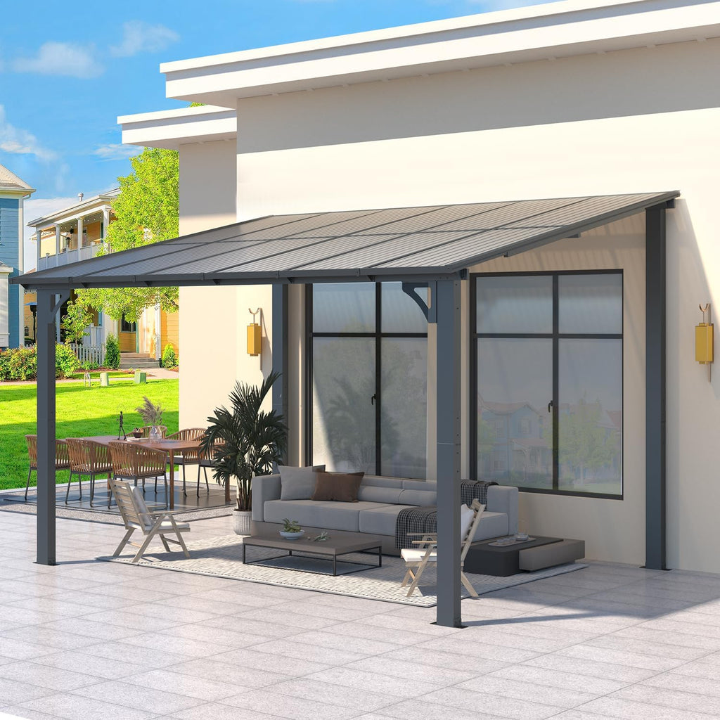 AECOJOY 12' x 8' Gazebo Outdoor Pergola for Patio, 8'x12' Hard Top Lean to Pergolas and Gazebos Clearance with Patio Roof Shelter, Large Wall-Mounted Heavy Duty Awnings for Decks, Backyard