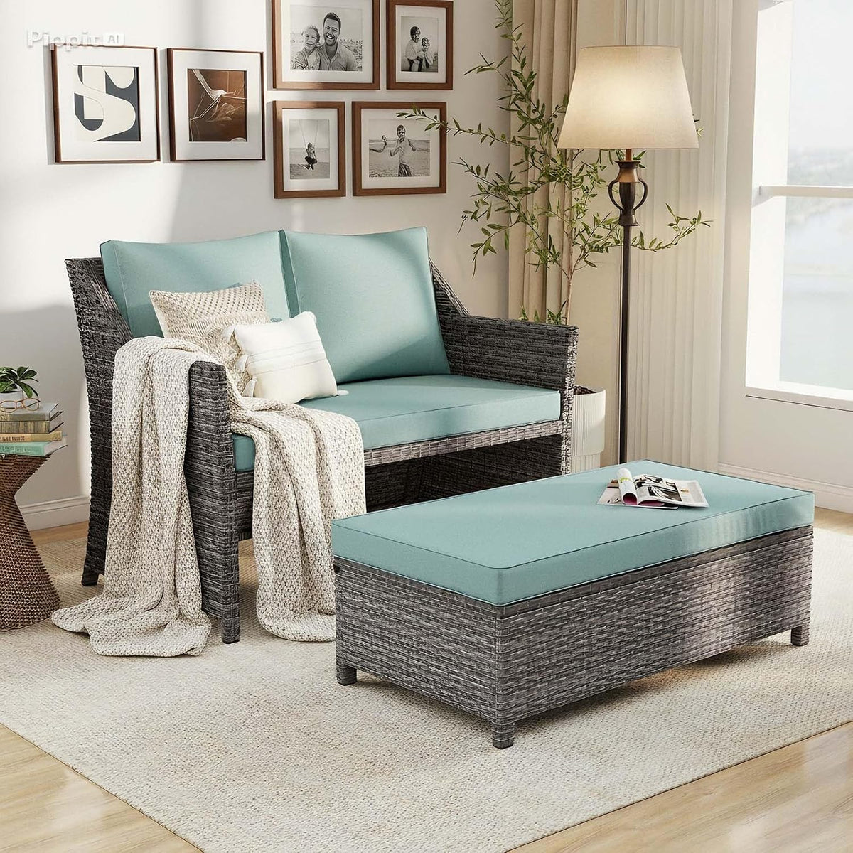 OC Orange-Casual 2-Piece Outdoor Patio Furniture Wicker Love-seat and Coffee Table Set, with Built-in Storage Bin, Grey Rattan, Green Cushions