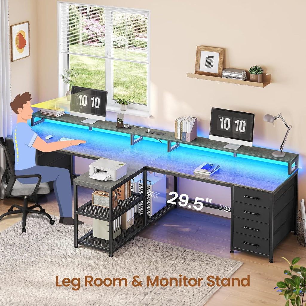 SEDETA 94.5' 2 Person Gaming Desk, Long Office Computer Desk with 8 Drawers & LED Lights, Two Person Desk with Storage, Power Strip & Monitor Stand for Home Office, Grey