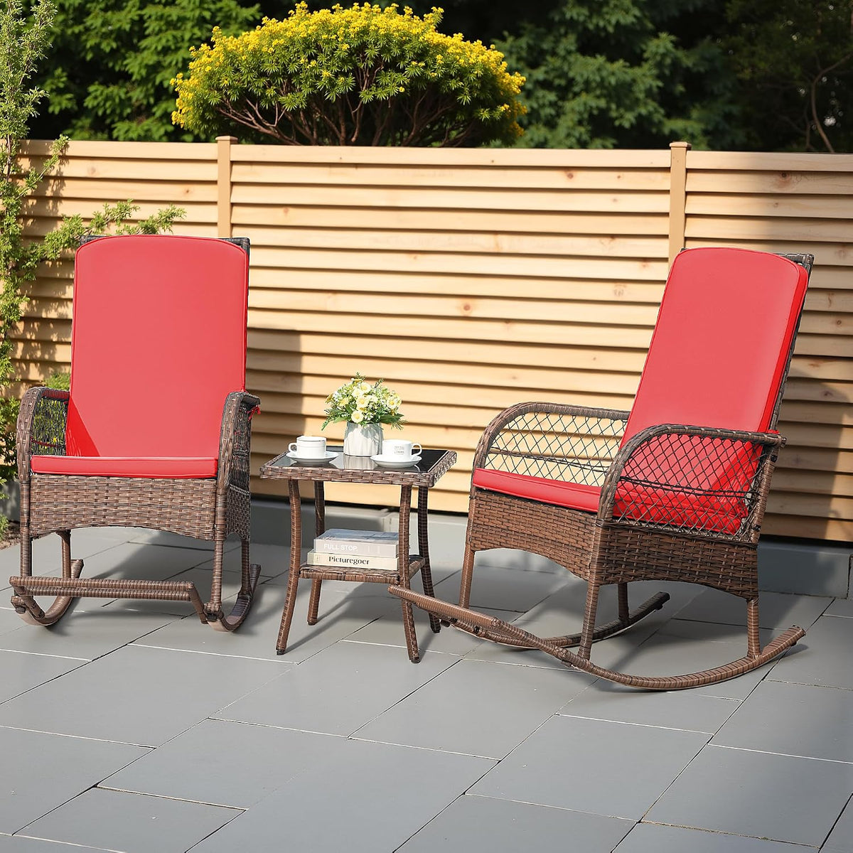Greesum 3 Piece Outdoor Wicker Rocking Chairs Patio Furniture Set with Glass Coffee Table for Garden Backyard Porch Poolside, Red