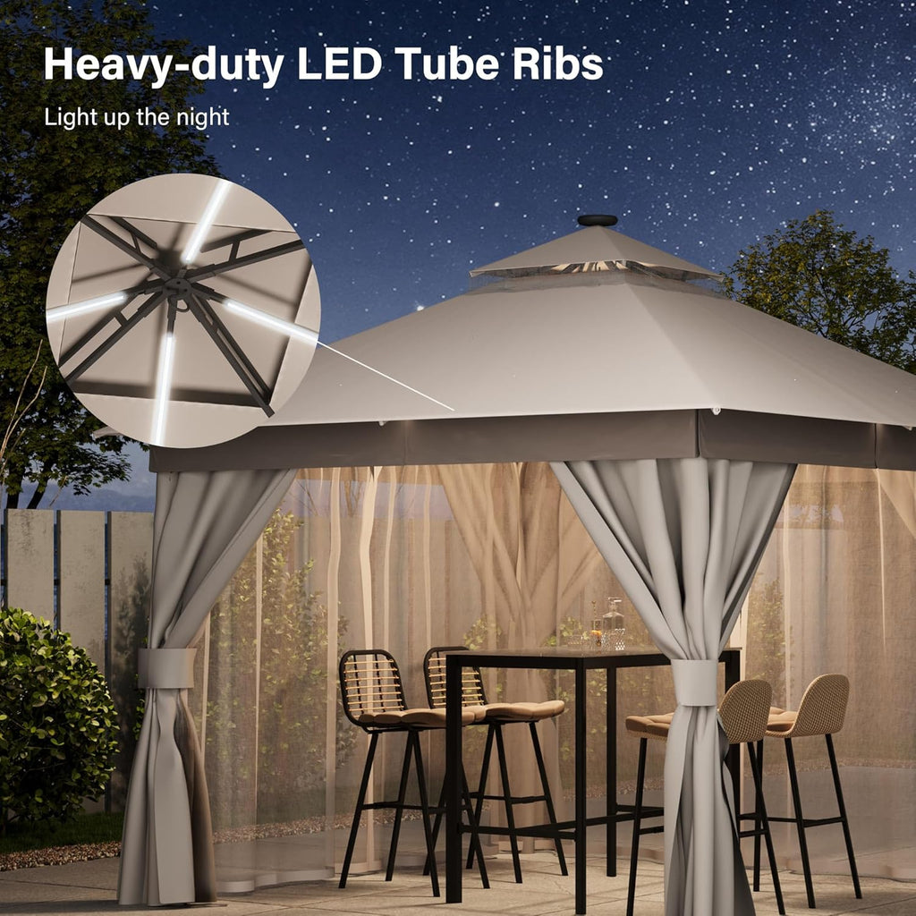 LAUSAINT HOME 10'x10' Outdoor Gazebo with Solar LED Lights, Metal Heavy Duty Patio Canopy Tent Shelter with Double Roofs, Mosquito Nettings and Privacy Screens for Backyard, Garden, Lawn, Khaki