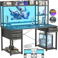 Aheaplus Desk with LED and Outlets, Gaming Desk with Hutch, 47.2'' Computer Desk with Drawers, Reversible office desk with storage bookshelf Large Workstation Desk with Shelf, Desk for Home, Black Oak