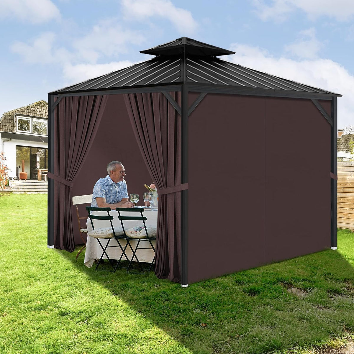 Gazebo Privacy Curtains 10' x 12' with Zipper 4-Panels Side Wall Universal Replacement for Patio, Outdoor Canopy, Garden and Backyard Coffee Brown(Curtain Only)