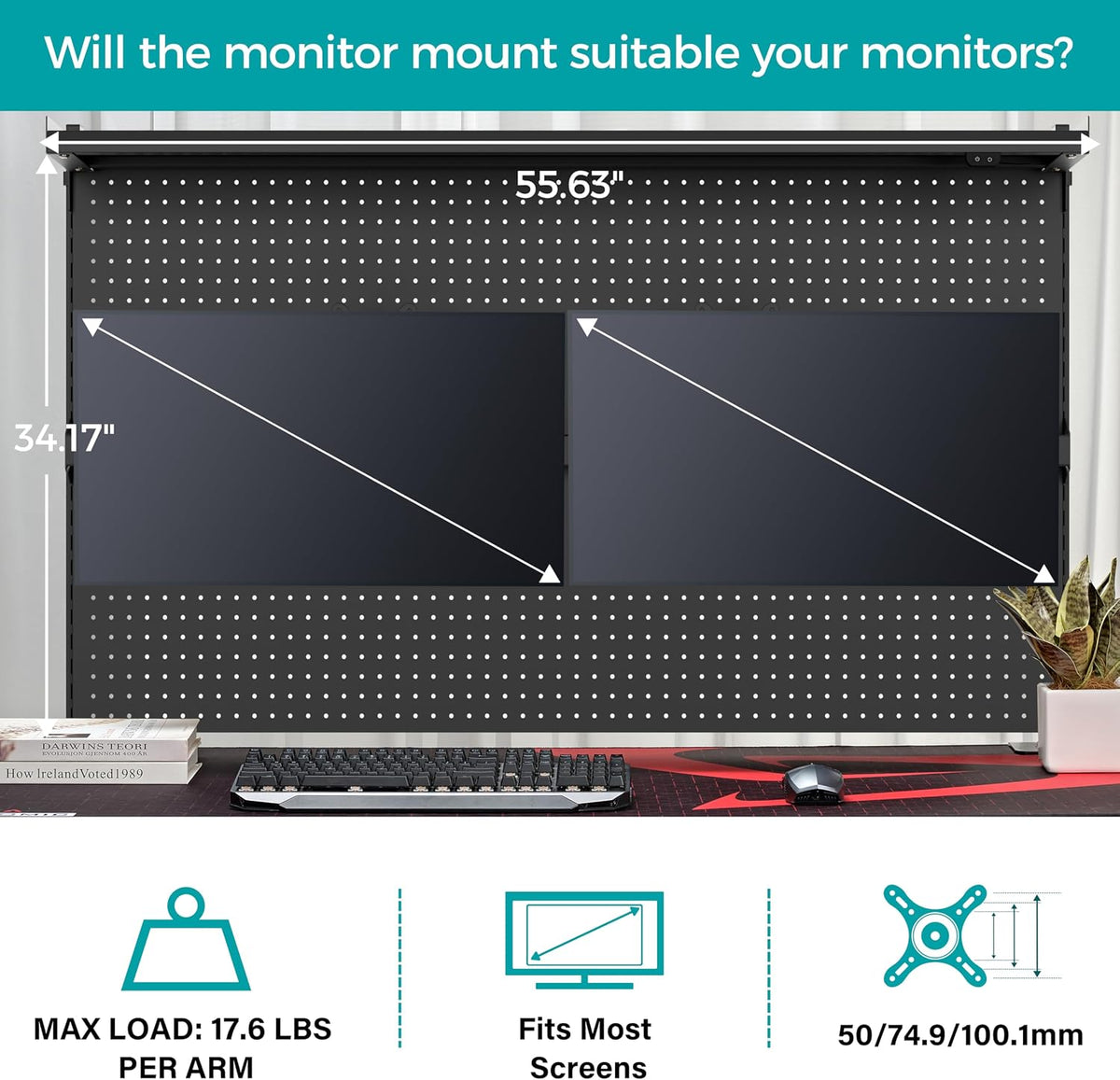 EUREKA ERGONOMIC Desk Pegboard with Dual Monitor Stands, LED Metal Pegboard for Gaming Desk, Privacy Panel with 4 Accessories Modular Hanging, Computer Accessories for Office, 59 x 34 Inch, Black