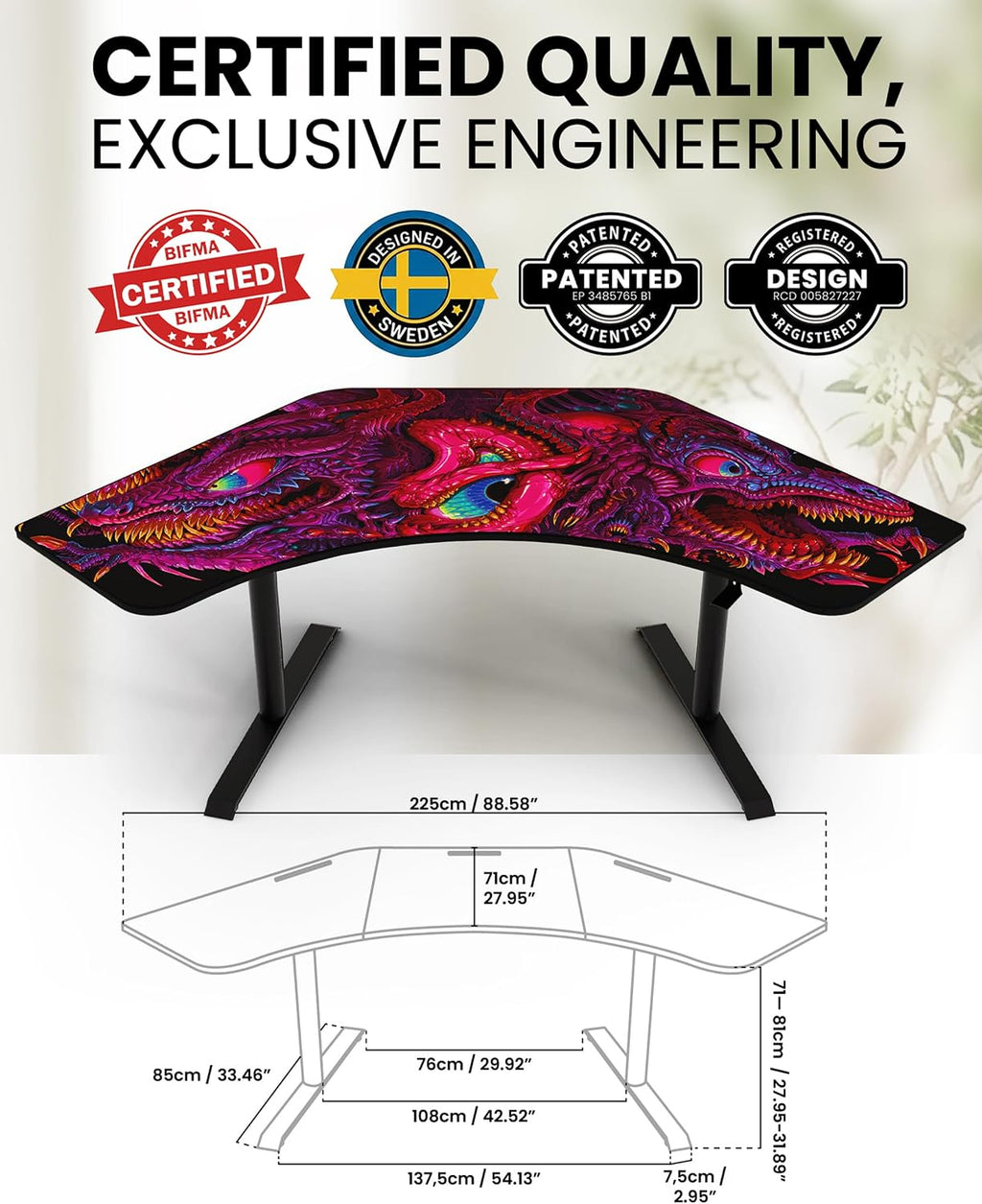 Arozzi Arena Angelo L Shaped GamingDesk, PC Gaming Desk L Shape, Height Adjustable L Shaped StandingDesk for Home Office, ComputerDesk with Full Coverage Mouse Pad (Crawling Chaos)