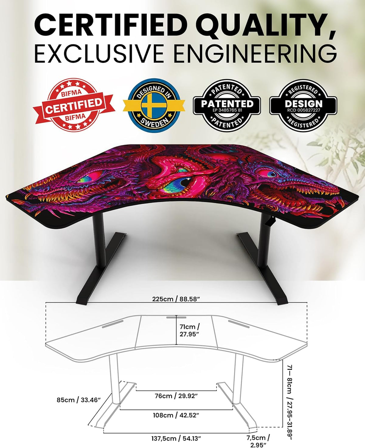 Arozzi Arena Angelo L Shaped GamingDesk, PC Gaming Desk L Shape, Height Adjustable L Shaped StandingDesk for Home Office, ComputerDesk with Full Coverage Mouse Pad (Crawling Chaos)