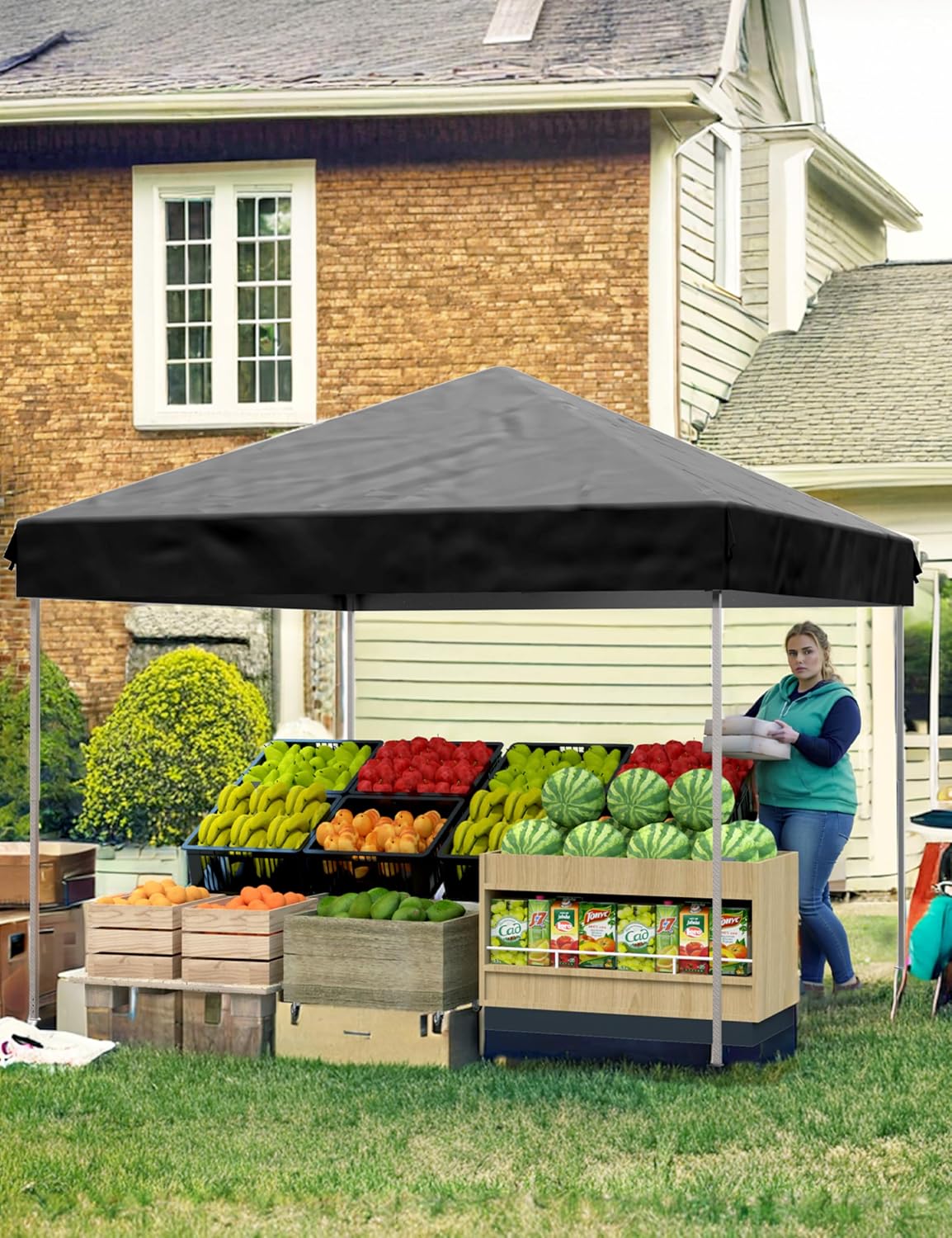 10x10 Pop Up Canopy with 3 Sidewalls - Outdoor Canopy Tent with Portable Roller Bag - One Button Push Setup, 3 Adjustable Height, 4 Weight Bags, 8 Stakes & 4 Guy Ropes Included, Black