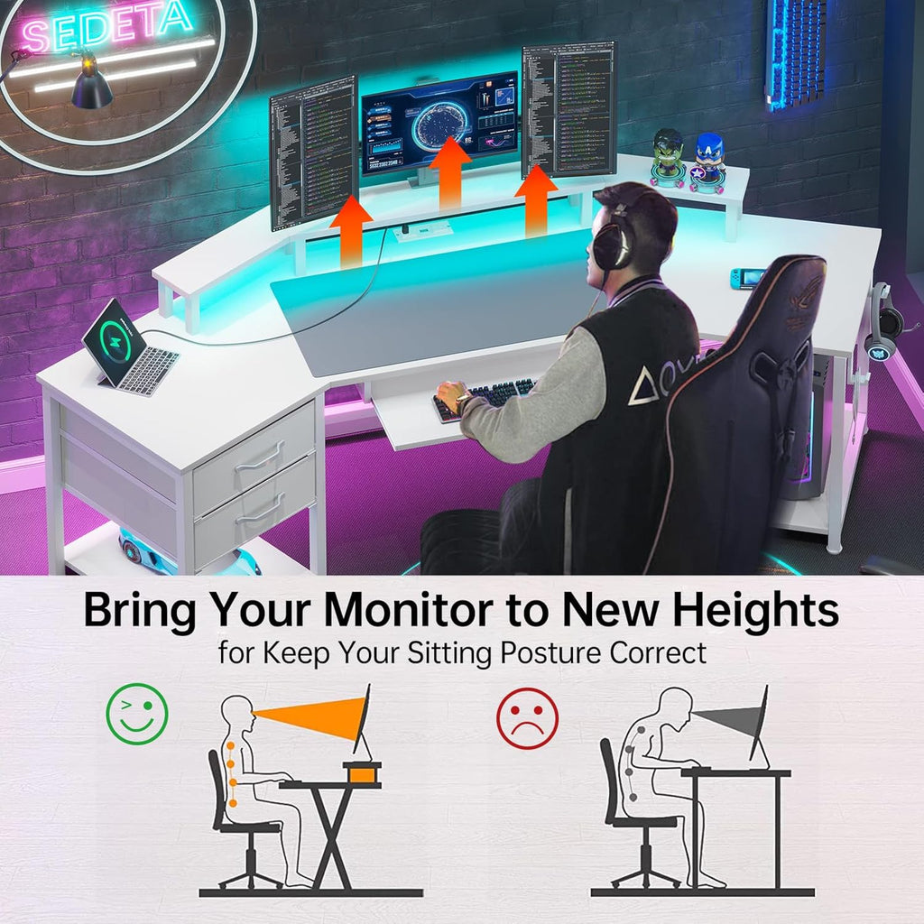 SEDETA 79' Gaming Desk, Computer Desk with 2 Fabric Drawers & LED Light, White Small Desk with Storage for Home Office, Carbon Fiber White