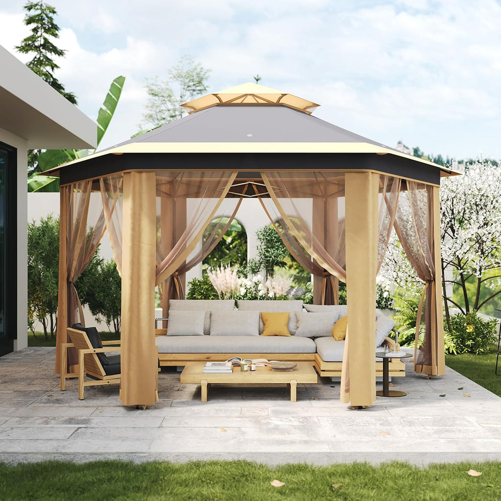 13' x 13' Pop-Up Gazebo, Hexagonal Canopy Shelter with 6 Zippered Mesh Netting, Event Tent with Strong Steel Frame for Backyard, Garden, Lawn, Khaki and Beige