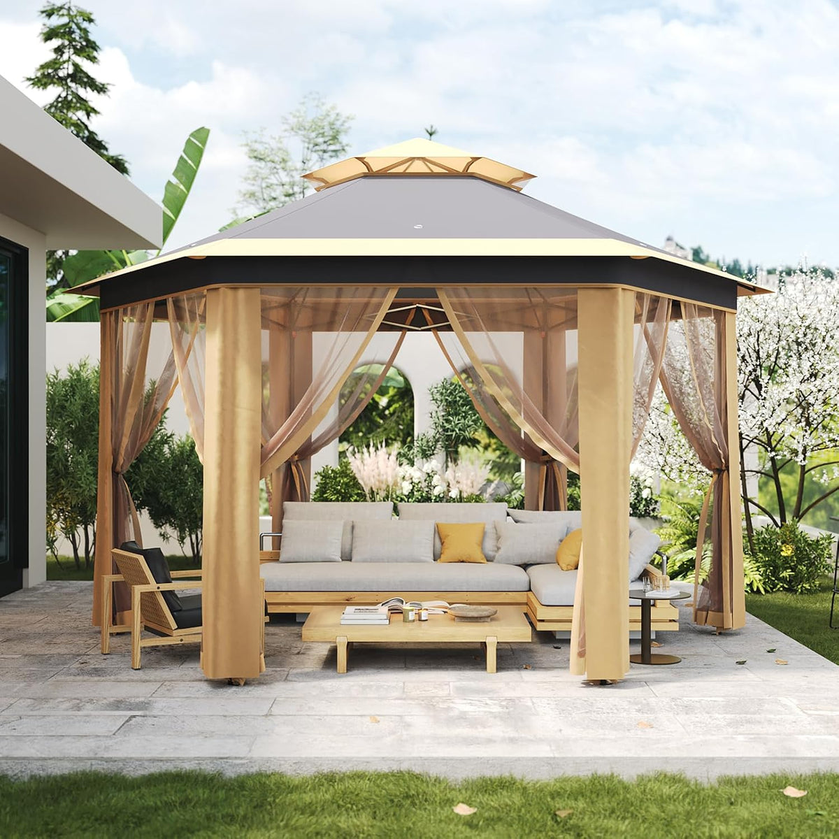 13' x 13' Pop-Up Gazebo, Hexagonal Canopy Shelter with 6 Zippered Mesh Netting, Event Tent with Strong Steel Frame for Backyard, Garden, Lawn, Khaki and Beige