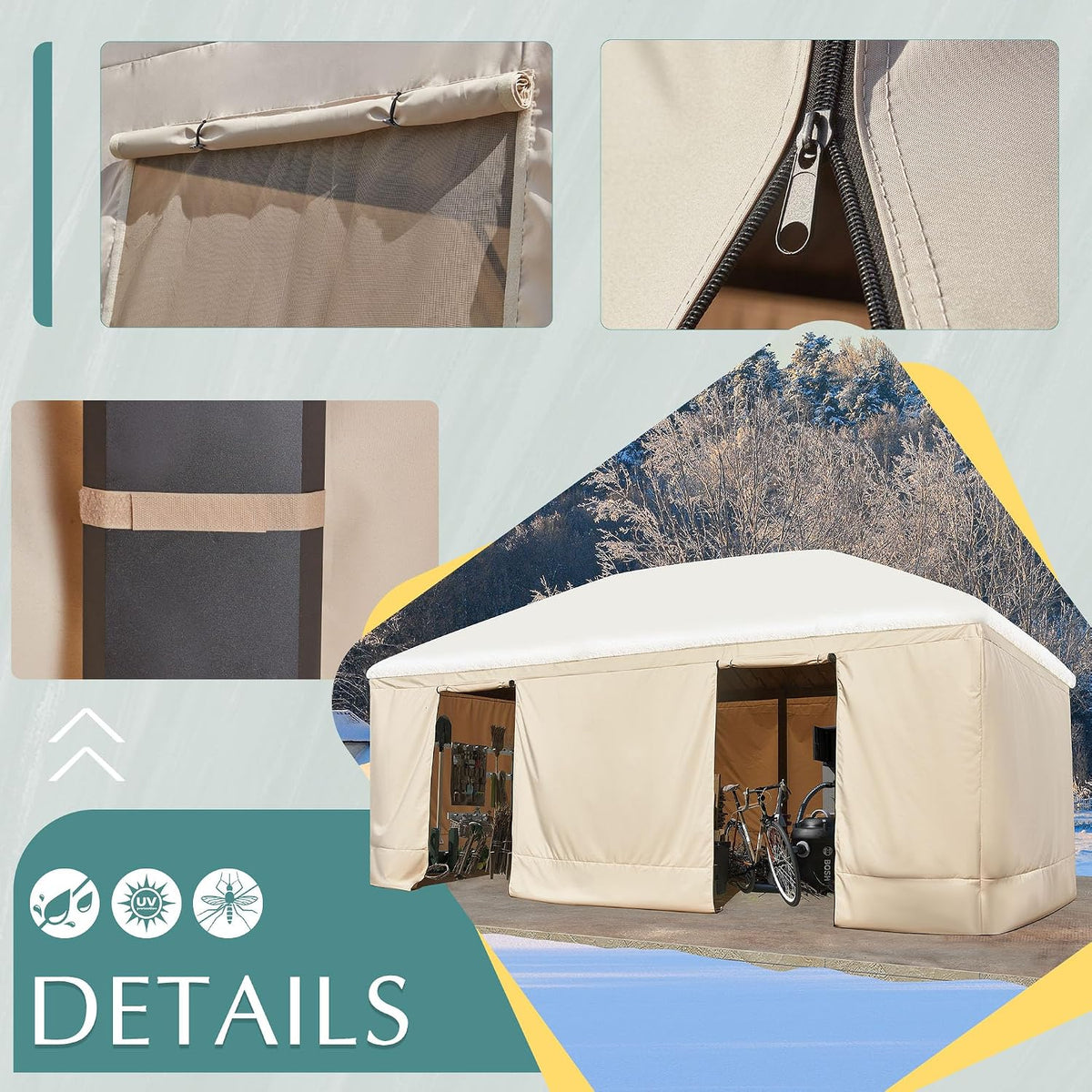 EROMMY Gazebo Cover for 12x20 Gazebos, Outdoor Winter Cover with Sidewalls and Mesh Windows, Convert into Storage Space, Beige