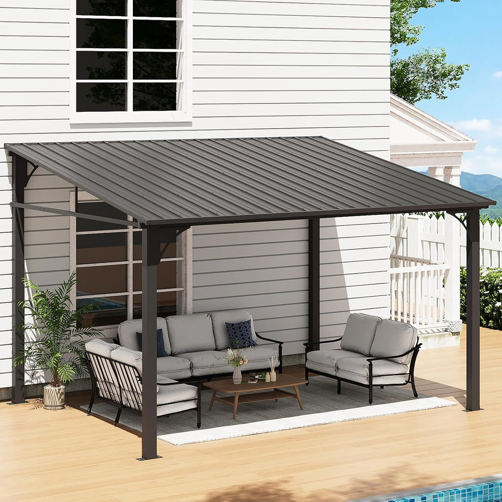 Aoxun 10' x 12' Lean to Gazebo, Hardtop Outdoor Pergola with Sloping Galvanized Steel Roof, Large Wall-Mounted Heavy Duty Awnings for Patio, Backyard, Deck, Porch (Black)