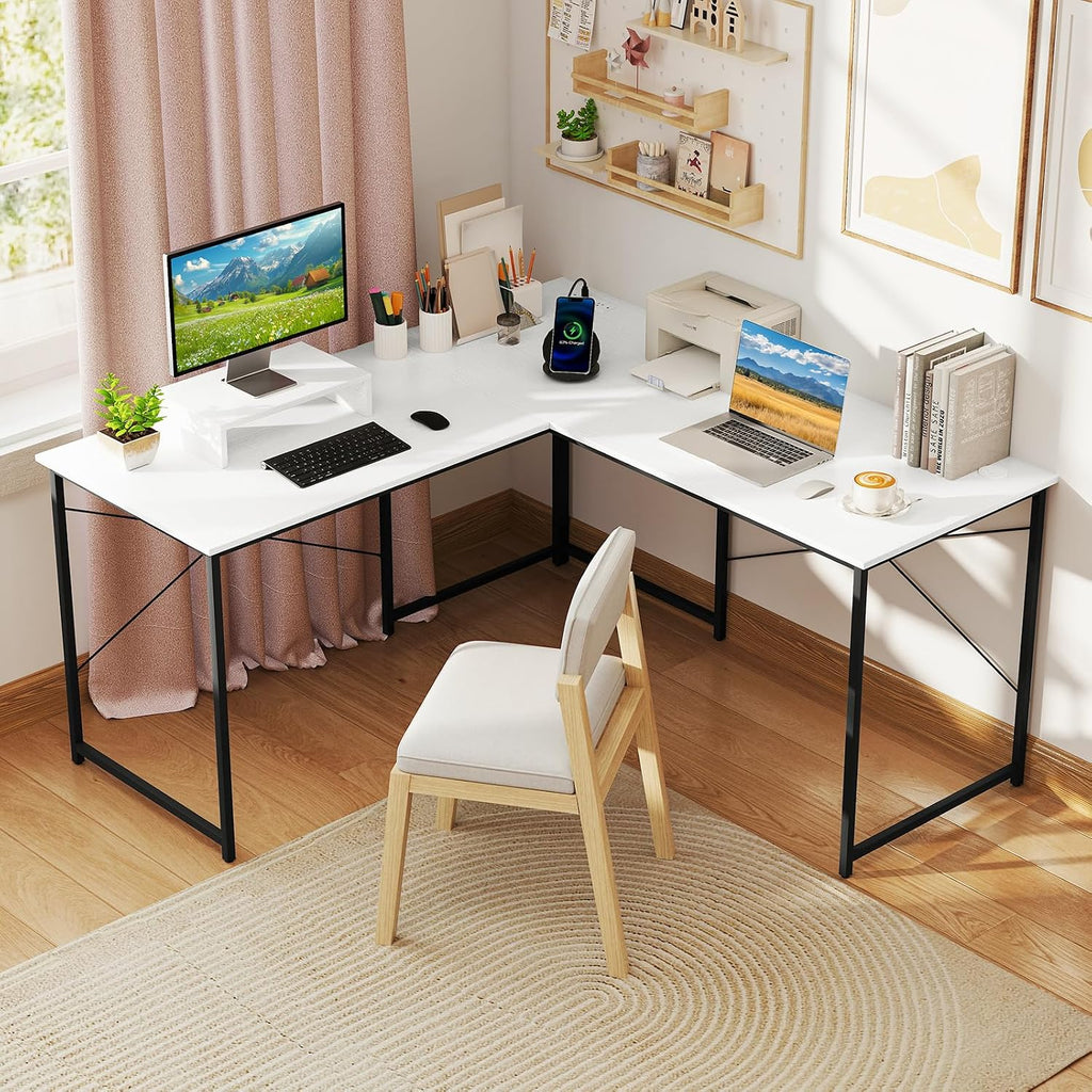 Tangkula L-Shaped Computer Desk with Power Outlets, 95' Long 2-Person Desk with Monitor Shelf, Modern Corner Desk Gaming Table with USB Ports for Home Office