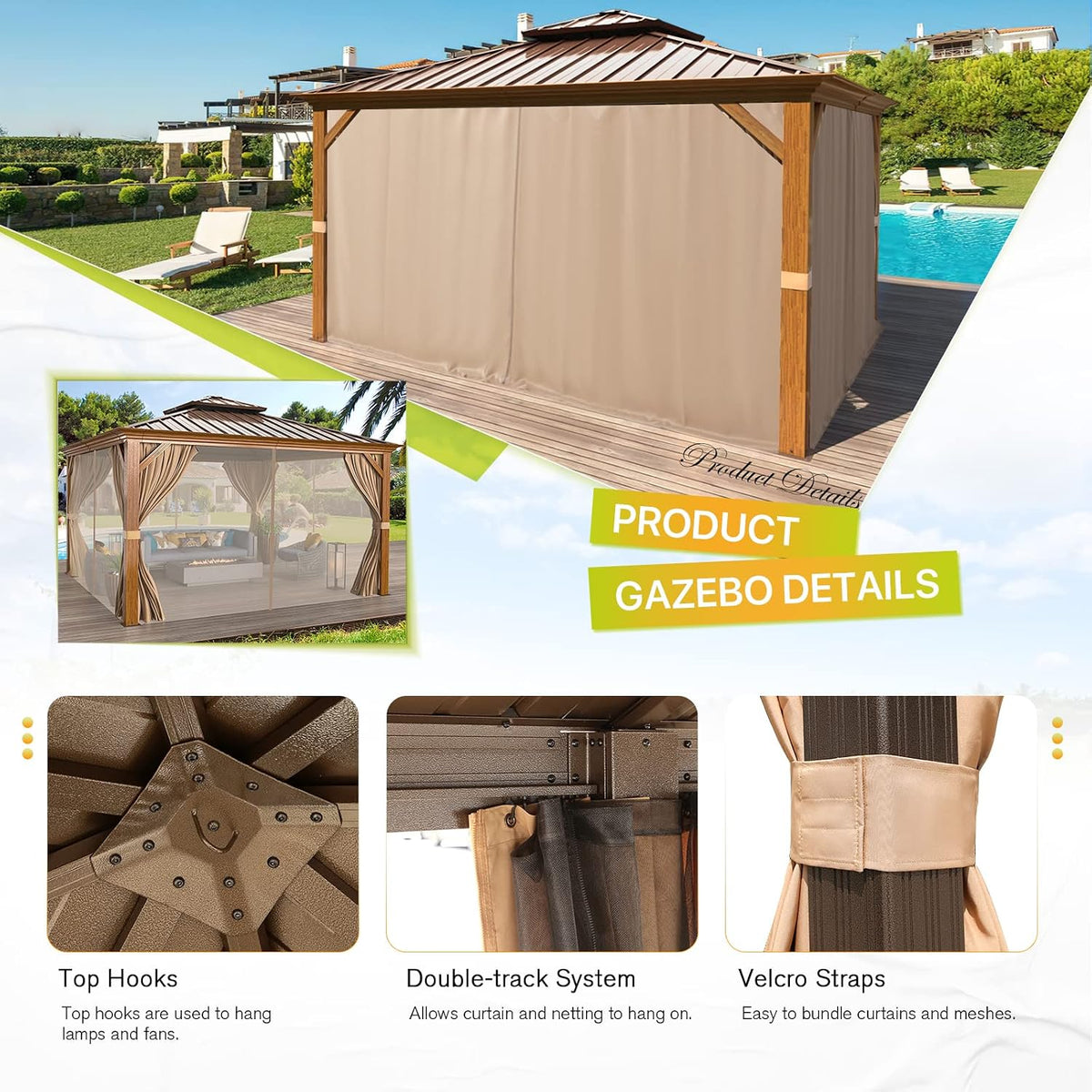 EROMMY 12'x12' Hardtop Gazebo, Wood Grain Aluminum Frame Outdoor Gazebo with Double Galvanized Steel Roof, Permanent Metal Pavilion with Curtains and Nettings for Patio, Backyard, Deck and Lawns