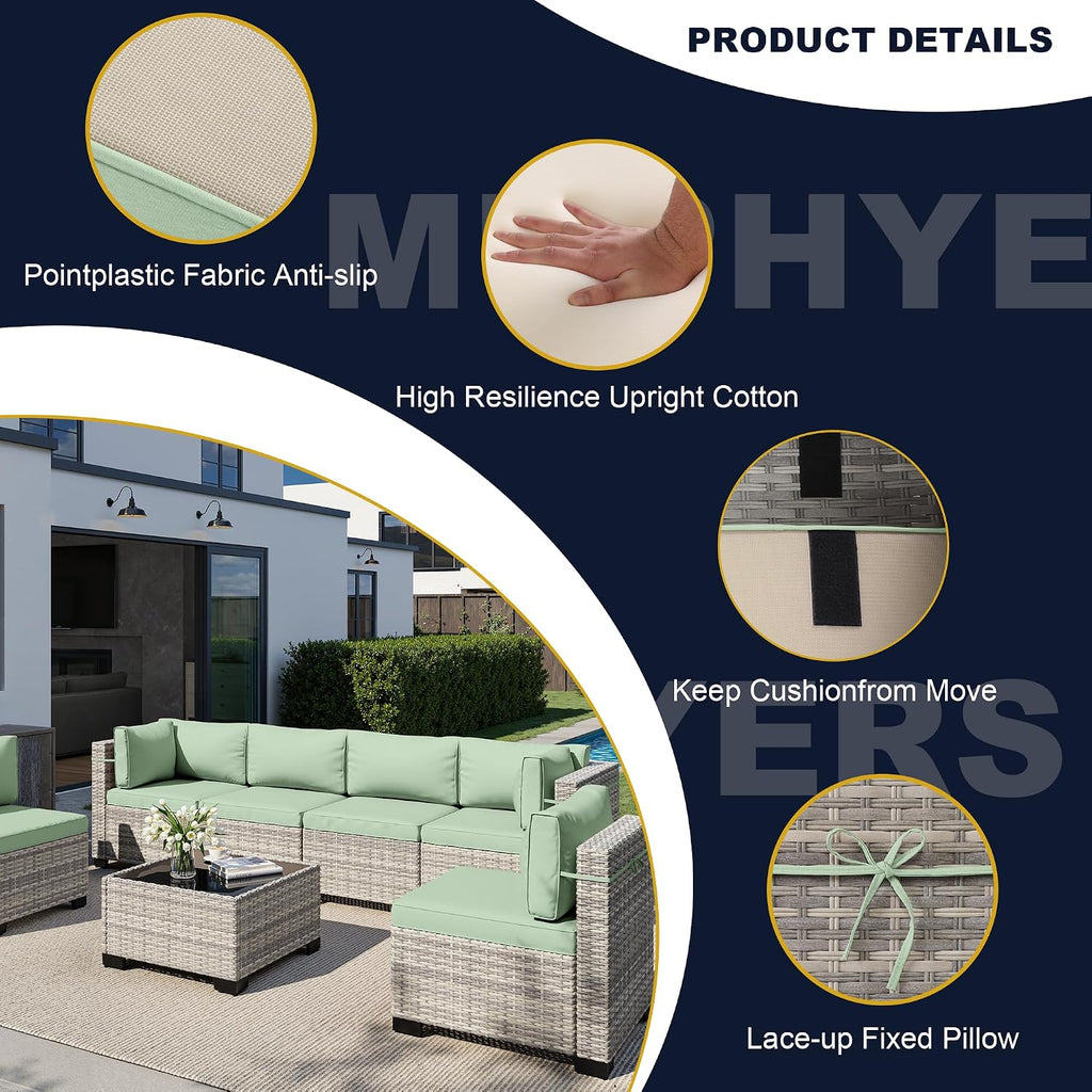 14-Piece Outdoor Patio Furniture Set, PE Wicker Rattan Sectional Sofa Conversation Set with Tempered Glass Table & Thick Cushions - All-Weather Garden, Backyard Furniture, Light Green