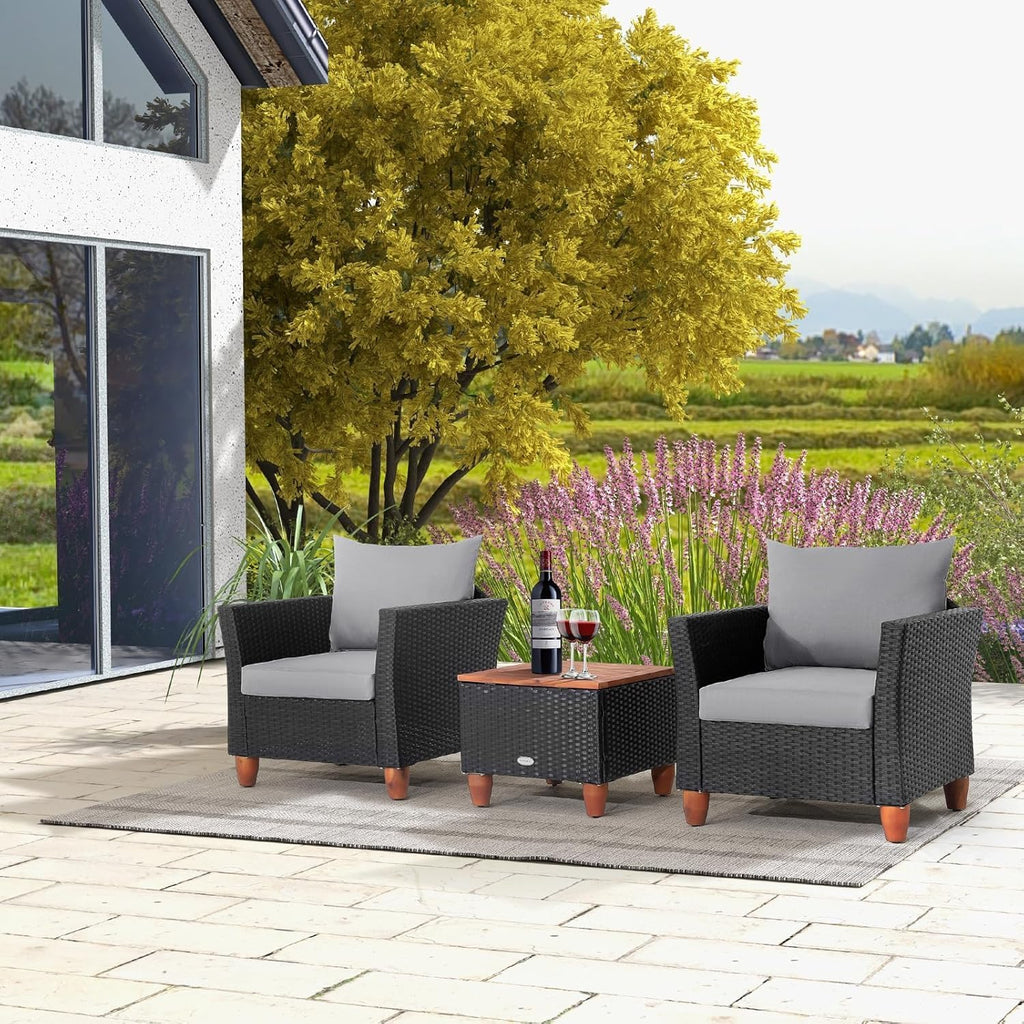 LDAILY Patio 3 Pieces Patio Furniture Set, PE Rattan Outdoor Wicker Sofa Chair with Washable Cushion & Wood Storage Table, Patio Conversation Set for Porch, Yard, Garden (Grey)