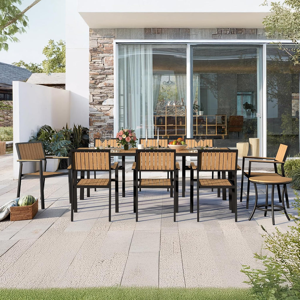 10-Piece Patio Dining Set, Outdoor Weather-Resistant Plastic-Wood Table & 8 Stackable Chairs, Outdoor Durable Aluminum Frame Furniture for Garden, Poolside, Backyard