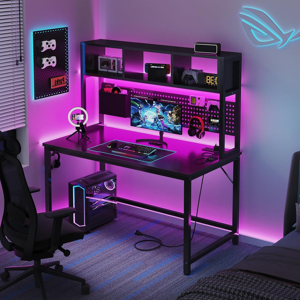 DLisiting Black Gaming Desk with Hutch and Pegboard - 47 Inch Gaming Desk with Shelves Storage Power Outlets, Computer Teen Work Study Writing Desks for Bedroom Home Office