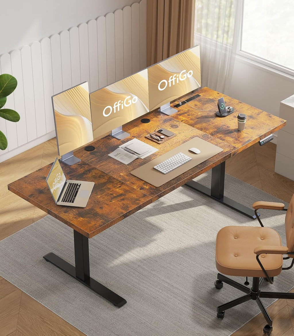 OffiGo 79 Inch Executive Electric Standing Desk, Height Adjustable Desk with Power Outlet & 1.38' Thick 3-Piece Desktop, Sit Stand Computer Desk for Home, Office, Conference Room, Rustic Brown